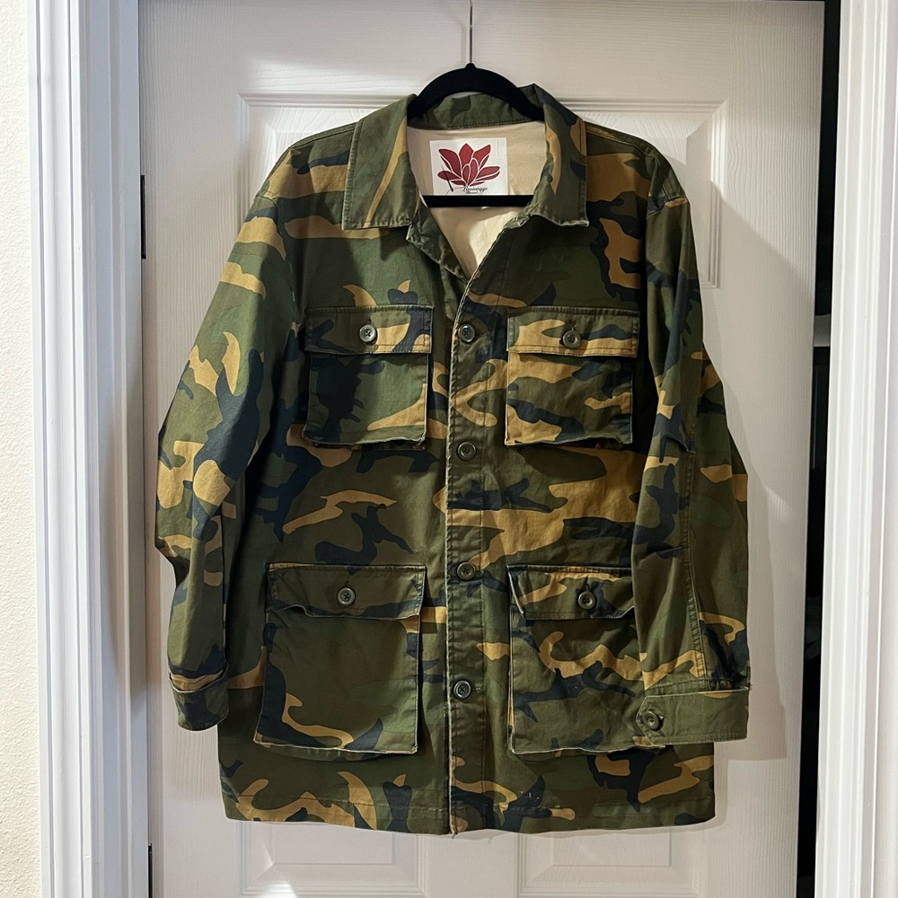 One of a kind. Camouflage Unisex with Hawaiian leaf print sewn on back. OS. - Picture 2 of 3